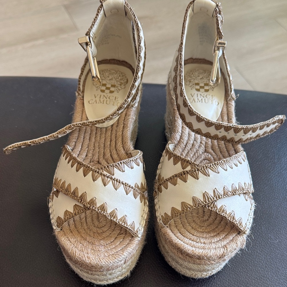 Vince Camuto Cream & Natural Espadrille Wedge Sandals with Ankle Strap size 5.5